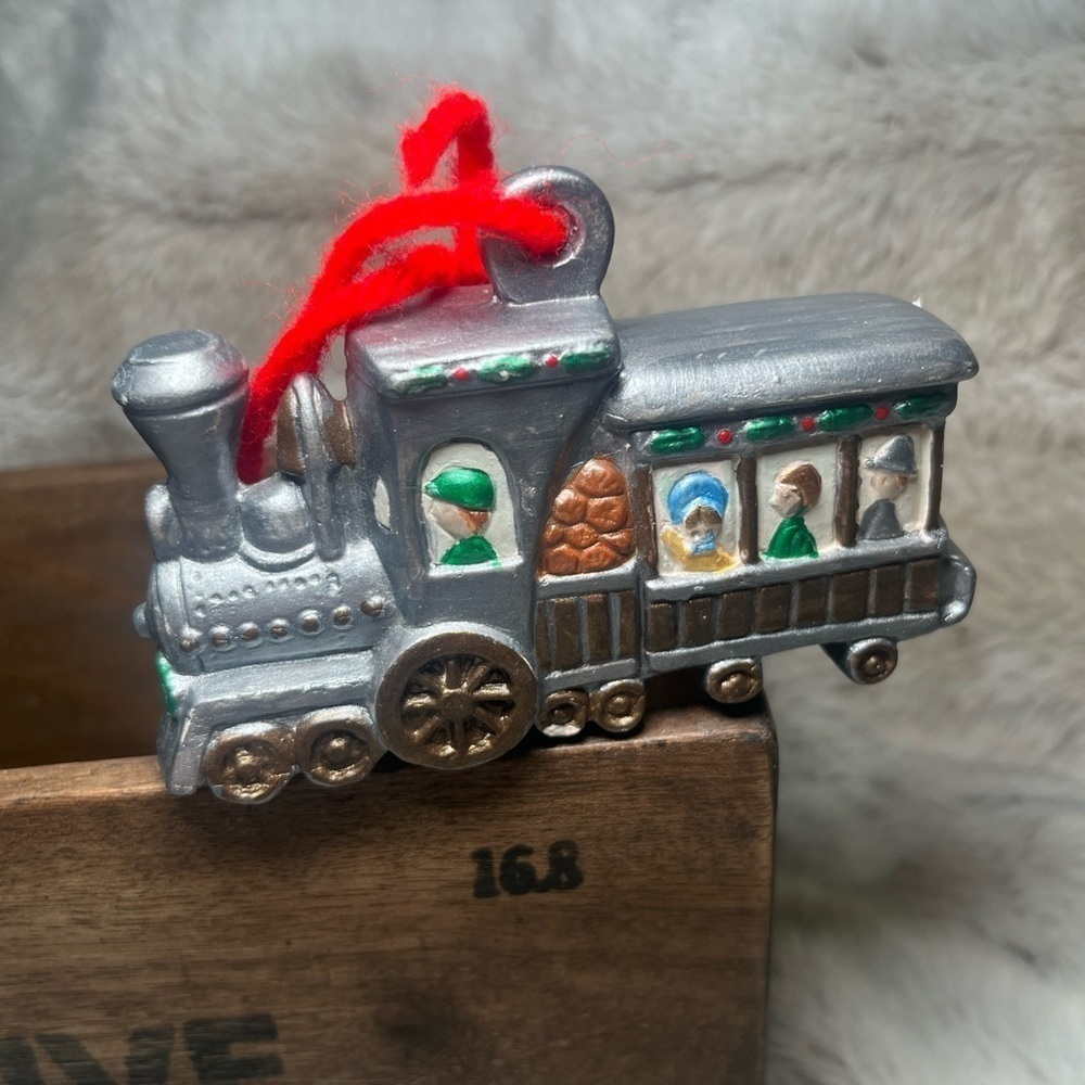Vintage Christmas Train Ornament | Silver Engine with Passengers | Holiday Décor